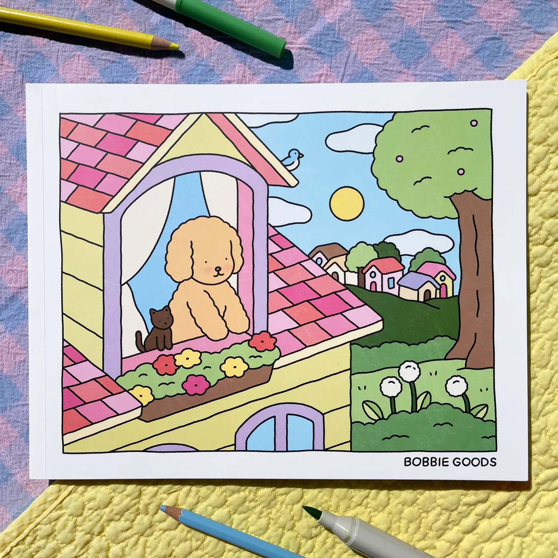 Página colorida Bobbie Goods com cachorrinho e casinhas ao fundo